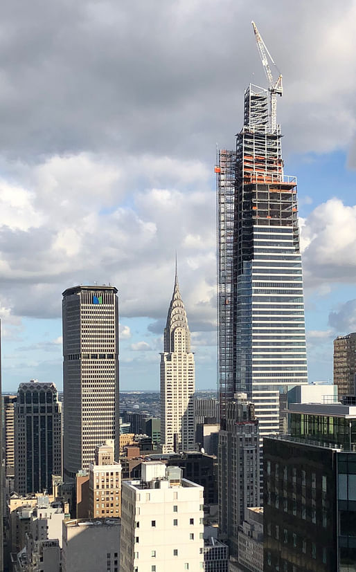 View of the tower's crown under construction Image © New York YIMBY. “One Vanderbilt Reaches Top Of Crown With Spire Installation Imminent, In Midtown East” Used by permission; Photo by Michael Young.
