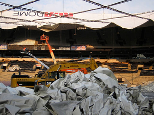 Demolition of the RCA Dome fabric roof.