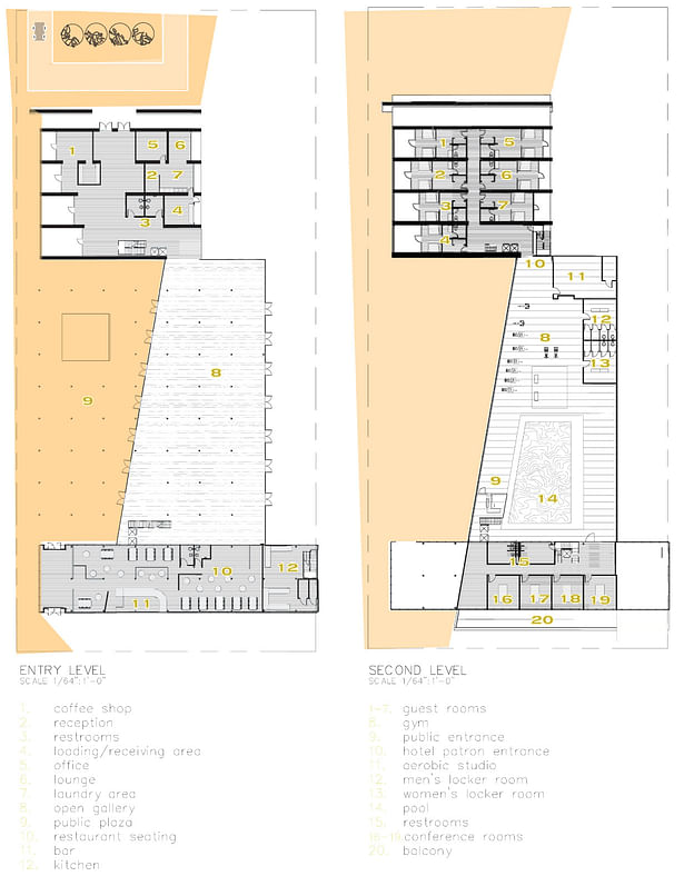 Plans of the first and second levels of the hotel