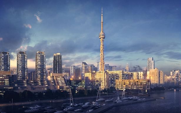 3d rendering of CN Tower with condominiums and its' surroundings