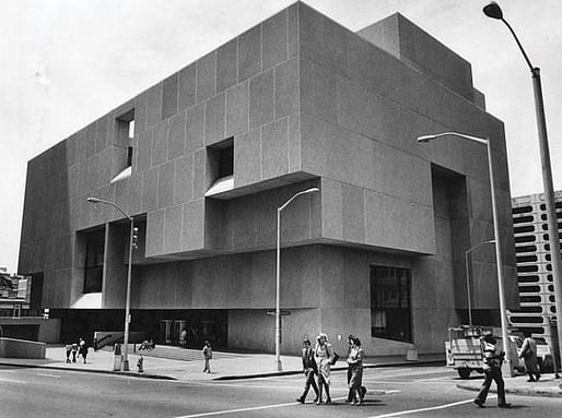 Historic photo of the brutalist Atlanta Fulton Central Library building. Image via Atlanta Journal-Constitution.