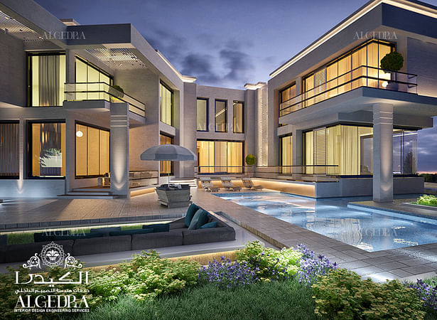 Luxury villa exterior design with swiming pool