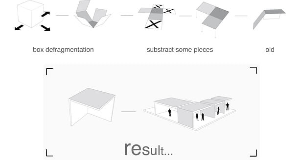 Beginning with the defragmentation of a box, we then proceeded to subtract excess pieces, and finalized the shape with a simple fold to create a semi-enclosed, private office space.​ 