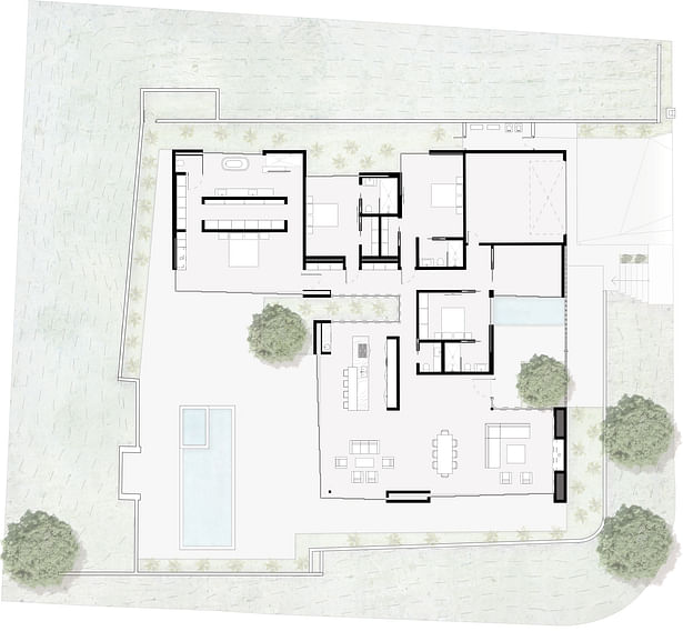 Small green areas are inserted throughout the project. Most notably between the kitchen area and the bedrooms, separating the public and private spaces.