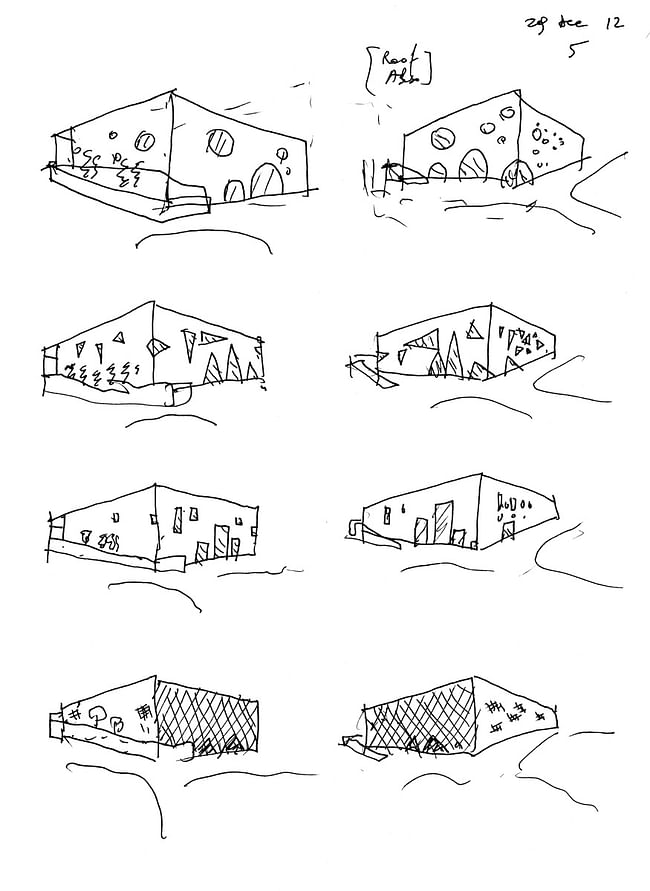 Bernard Tschumi Architects, ANIMA Cultural Center in Grottammare, Italy. Facade studies (sketch by Bernard Tschumi).