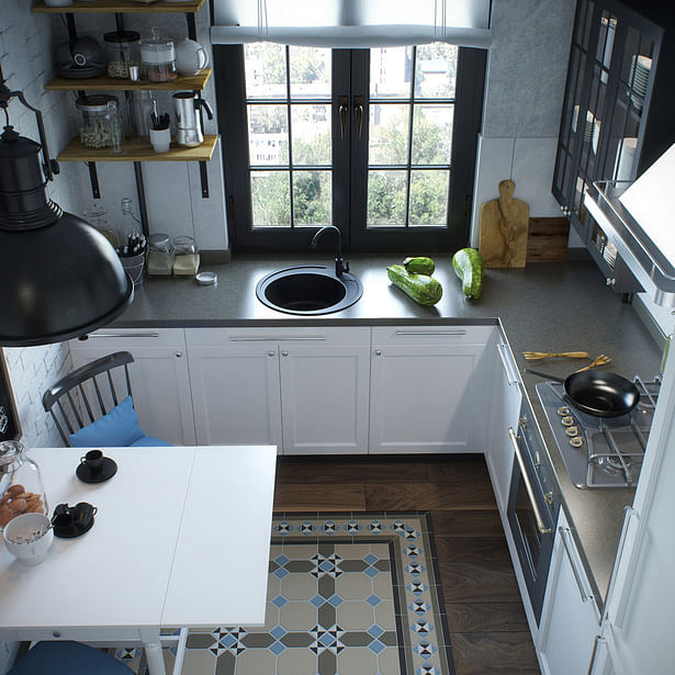 3d render of a kitchen interior, top view
