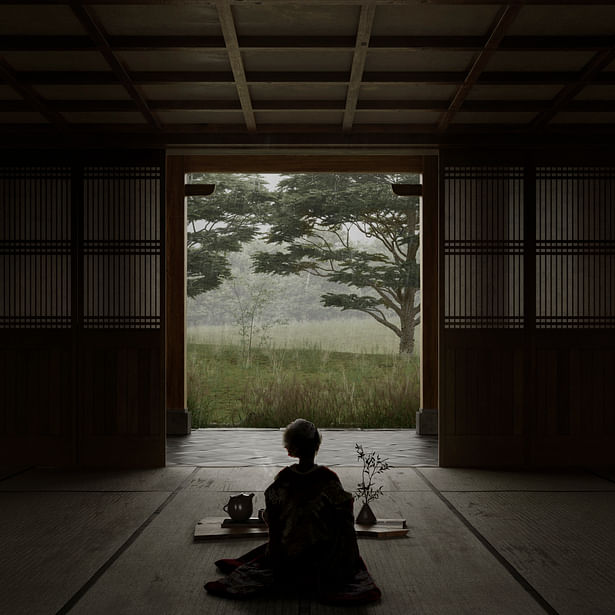 3d visualization of a human sitting in front of tea in a traditional tea house