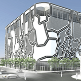 Street View Looking North Rendering (at NW 26th Street and NW 3rd Ave) The white planes depict solid surfaces, gray areas are zones of perforation for passive parking ventilation. Courtesy of Faulders Studio.
