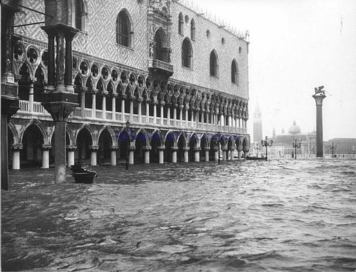 View from the 1966 floods that inundated the city. Shown: The Doge's Palace partially submerged by water. Image courtesy of Wikimedia. 