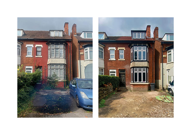 Alcester South front elevation. Before (to left) and after (to right).