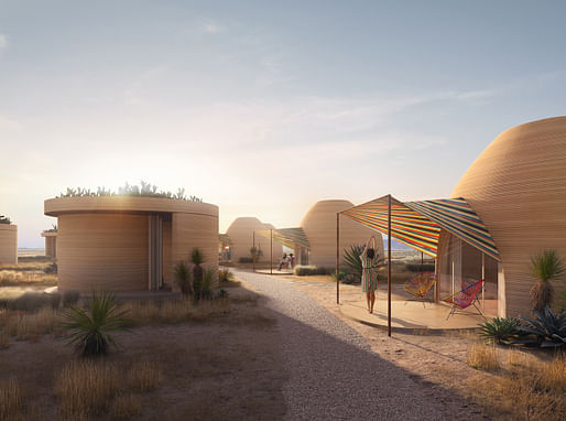 Rendering of the 3D printed Sunday Homes at El Cosmico. Image courtesy ICON