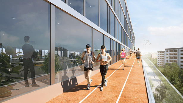 Stockholm Loop: Gubbängen Running Track (exterior). Typology: Station House. Program: Subway station, workplaces, e-commerce, culture and leisure distribution as well as sports. Sports: Running