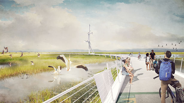 To prepare for rising sea levels, the project proposes to create an ecological laboratory working strategically with streams and diked sloughs to incrementally re-engage sediment deposits and cultivate biodiversity though various means including “sediment trains,” hyper-accretion gardens, and floating wetlands.