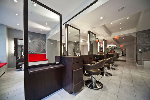 Clean lines provide a muted backdrop for the stylists clients and work.