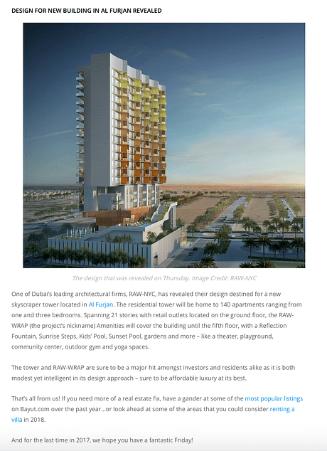  Thank you bayut.com for the coverage of RAW WRAP building in Al Furjan designed by RAYA ANI, AIA, LEED AP (المهندسة المعمارية ريا العاني) from RAW-NYC Architects https://lnkd.in/fU4Mf6k #designedliving #affordable #rawwrap #rayanani #rawnycarchitects #rawnycinteriors #Dubai #AlFurjan #affordableluxury #apartments #rental #residentialdevelopment #investmentreturns #design #architecture #efficiency #feasibility #sustainability #market #residential #romeo #Juliet #gym...