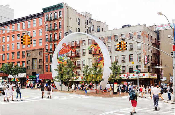 The circular form captures the urban life of the traffic triangle. It frames the passer-bys, the ginko trees that form an urban garden, and the festive banners that seasonally decorate its interior.
