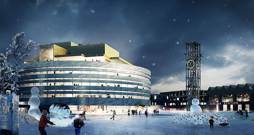 Night view of the competition-winning entry for the new city hall in Kiruna, Sweden by Henning Larsen Architects in collaboration with Tema Landscape Architects Sweden, WSP Engineers Sweden and UiWE Cultural Designers. Illustration: Henning Larsen Architects