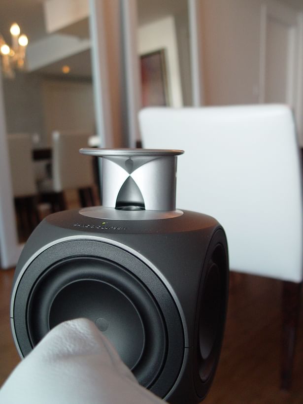 Bang & Olufsen BeoLab 3 as a surround speaker in a 7.1 surround sound system. All cables concealed. Miami by dmg Martinez Group
