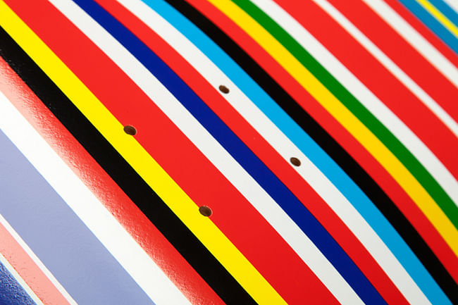 Rem Koolhaas Flag Deck: limited edition Dufarge skateboard deck screenprinted with OMA/AMO's EU Barcode flag. Image courtesy of Dufarge