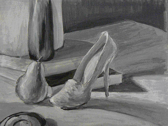 Acrylic, still life of shoe and pear