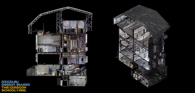 Sections through six floors of the west wing showing Mackintosh Lecture Theatre, Library and studio 58. Image: The Digital Design Studio at The Glasgow School of Art.