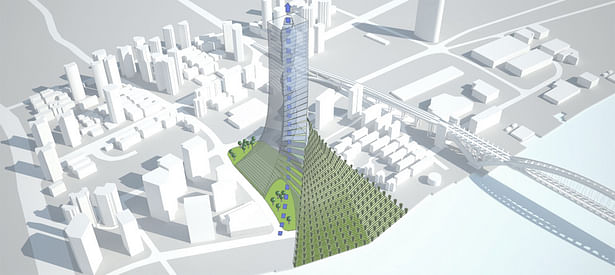 The core is literally a ‘skyscraper into the skyscraper’. This empty space allows the air to pass through the trees situated at the ground floor towars the center of VetiVertical City. This flow of air and light will improve air quality inside the building and will contribute to illuminate the new park under the skyscraper