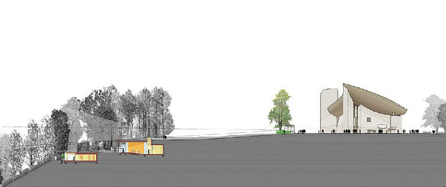oratory elevation for new convent and visitors’ center, designed by Renzo Piano at Ronchamp, site of Le Corbusier’s hilltop chapel of Notre Dame du Haut by RPBW