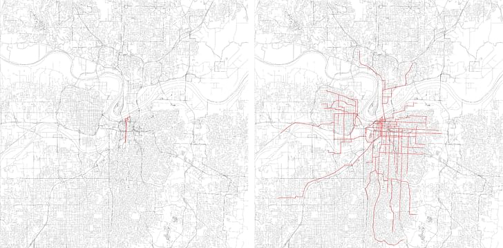 Left: The area of Kansas City's smart city project, along Kansas City's new streetcar starter line. Right: The extent of Kansas City's streetcar system in the early 20th century. Image: Andrew Bruno