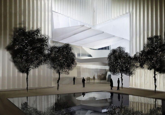 Main street entrance to the Nancy and Rich Kinder Building, night view. Courtesy of Steven Holl Architects 