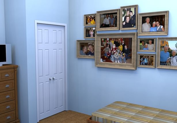 Memory wall of family photos in a resident room