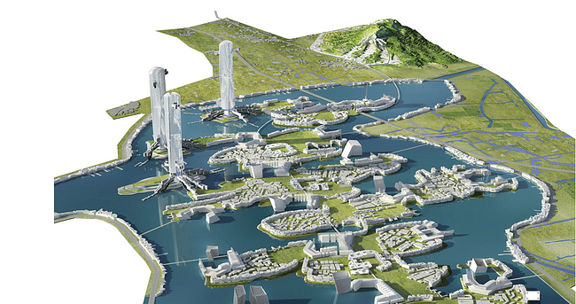 The 'Mountain Island City' project for Nanjing, China by Eric Owen Moss Architects. Credit: Eric Owen Moss Architects