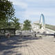 View of walkable roofline of the MFAH Glassell School of Art; the Brown Foundation, Inc. Plaza; Anish Kapoor’s Cloud Column (foreground, right); and Eduardo Chillida’s Song of Strength (rear, left). Courtesy of Steven Holl Architects.