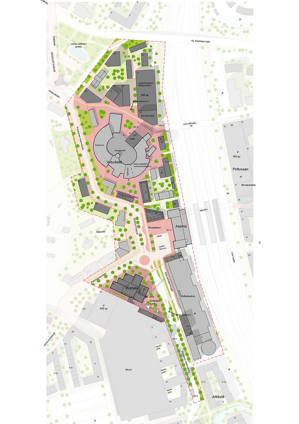 Riihimäki Station Area historic core master plan. A vibrant downtown area has been created around the refurbished historical train sheds, train station, and travel center. Credit: Design team.