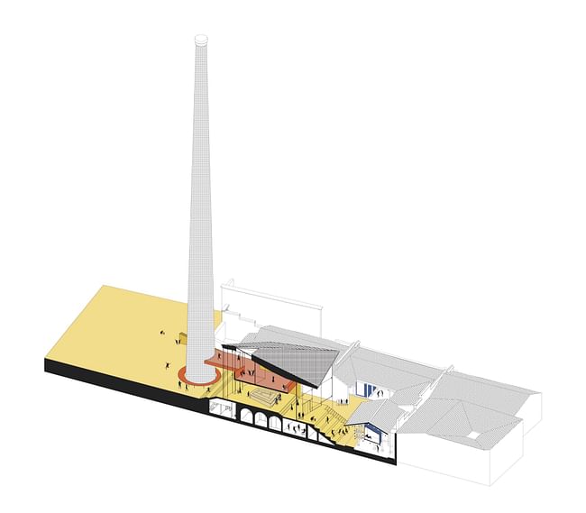 Section view of relationship between square and cafe building. Image credit: PAO