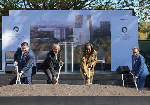 Barack Obama joined by wife and former First Lady Michelle Obama, Illinois Governor J.B. Prtizker, and Chicago Mayor Lori Lightfoot. Image: The Obama Foundation