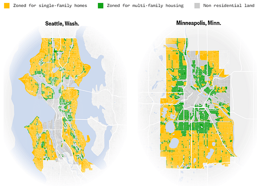 Seattle, with 70% zoned for single-family vs Minneapolis, which ended single-family zoning in 2018. Sources: City of Seattle and City of Minneapolis Graphic: Jiachuan Wu and Jeremia Kimelman / NBC News