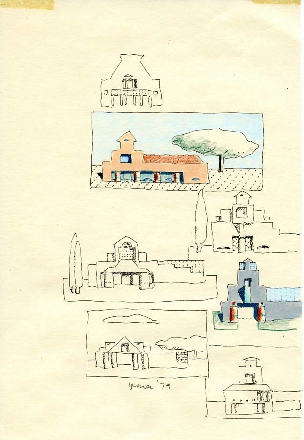 Drawing by Michael Graves, Sketchbook drawing, 1979. Pen, colored pencil, and oil pastel on paper. Image from the Estate of Michael Graves via the Princeton University Art Museum