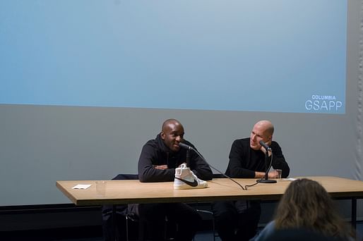 Virgil Abloh and Michael Rock at Columbia GSAPP. <a href="https://commons.wikimedia.org/wiki/File:Virgil_Abloh_and_Michael_Rock_at_Columbia_GSAPP.jpg">Wikimedia Commons</a>.