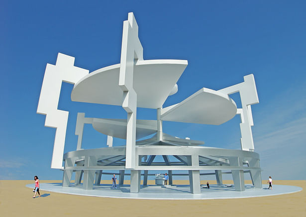 The shape of this pavilion can be changed by moving parts of a small model of it, which is mounted inside of the pavilion.
