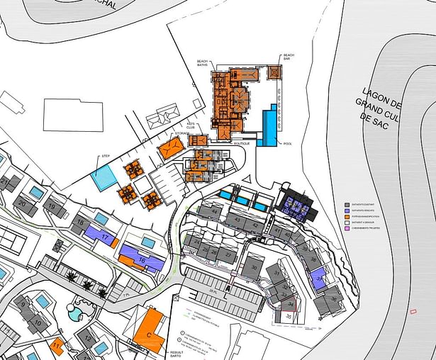Plan of beachfront buildings (new or renovated buildings in orange)