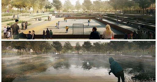 Copenhagen's new Enghaveparken will have spaces that can host sporting events during dry weather and fill with water during heavy rains. (COWI, TREDJE NATUR and Platant). Info via citiscope.org