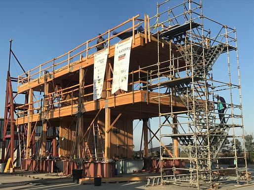 Photo: A cross-laminated timber panel structure undergoing seismic testing at the National Hazard Engineering Research Infrastructure site in San Diego. Image courtesy of Oregon State University.