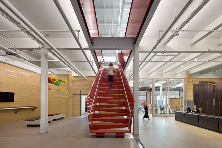 KieranTimberlake's lobby features a custom designed steel stair fabricated in one piece by Zahner. Photo © Michael Moran/OTTO.