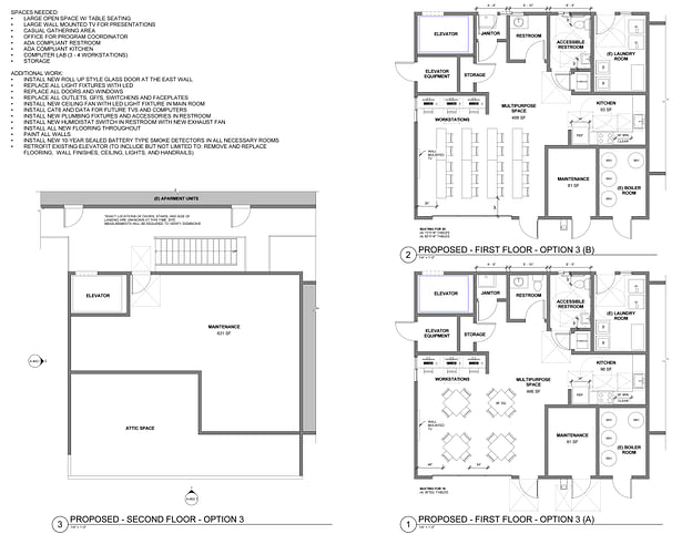 Option 3: A maintenance space was left on the first floor plan, and additional space was provided on the proposed second floor. The kitchen was upgraded to meet accessibility requirements. A second restroom and janitors closet were added. The two layouts provided the client with a representation of the potential seating options for the multipurpose space.