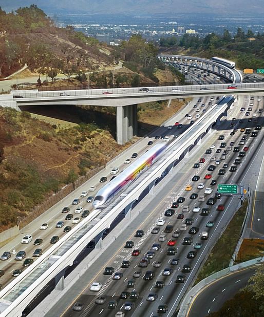Gensler rendering of the LA SkyRail Express in the median of the 405 near Mullholland. Image courtesy of LA Skyrail Express