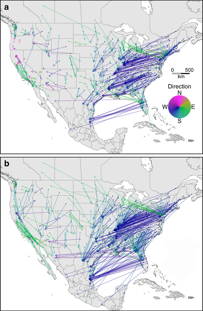 Arrows point from each urban area (filled circles) to the location of the best contemporary climatic analog for that urban area’s climate in the 2080s based on the ensemble mean of 27 projections for a RCP4.5 and b RCP8.5. via Nature Communications, ISSN 2041-1723 (online)