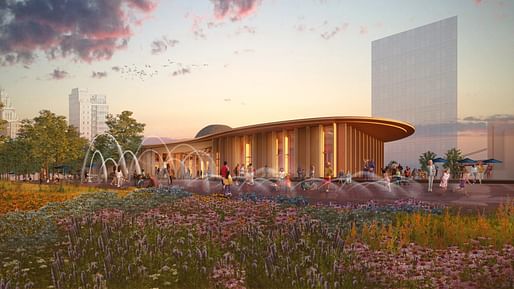 View of the Park at Penn's Landing at dusk with the pavilion and café at its center. © Hargreaves Jones and KieranTimberlake