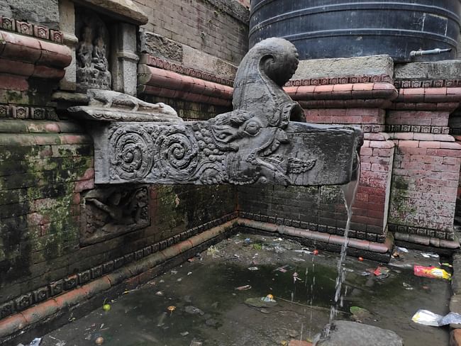 Hitis (Water Fountains) of the Kathmandu Valley, Nepal: An extensive system of historic water distribution points and underground channels needs maintenance to ensure that local communities have reliable access to clean water. Pictured: A stone carved Hiti (water fountain) still in function. Image courtesy WMF.