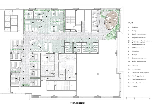 Plan of the Clinical Space in the 7th floor highlighting the aspect of greenery interspersed among the treatment spaces. 