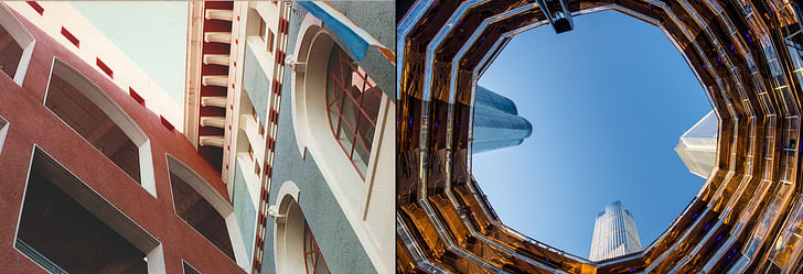 Left: Looking up at Horton Plaza, Image courtesy of David Marshall, AIA. Right: A view looking up at The Vessel, Image courtesy of Wikimedia user Raphe Evanoff.